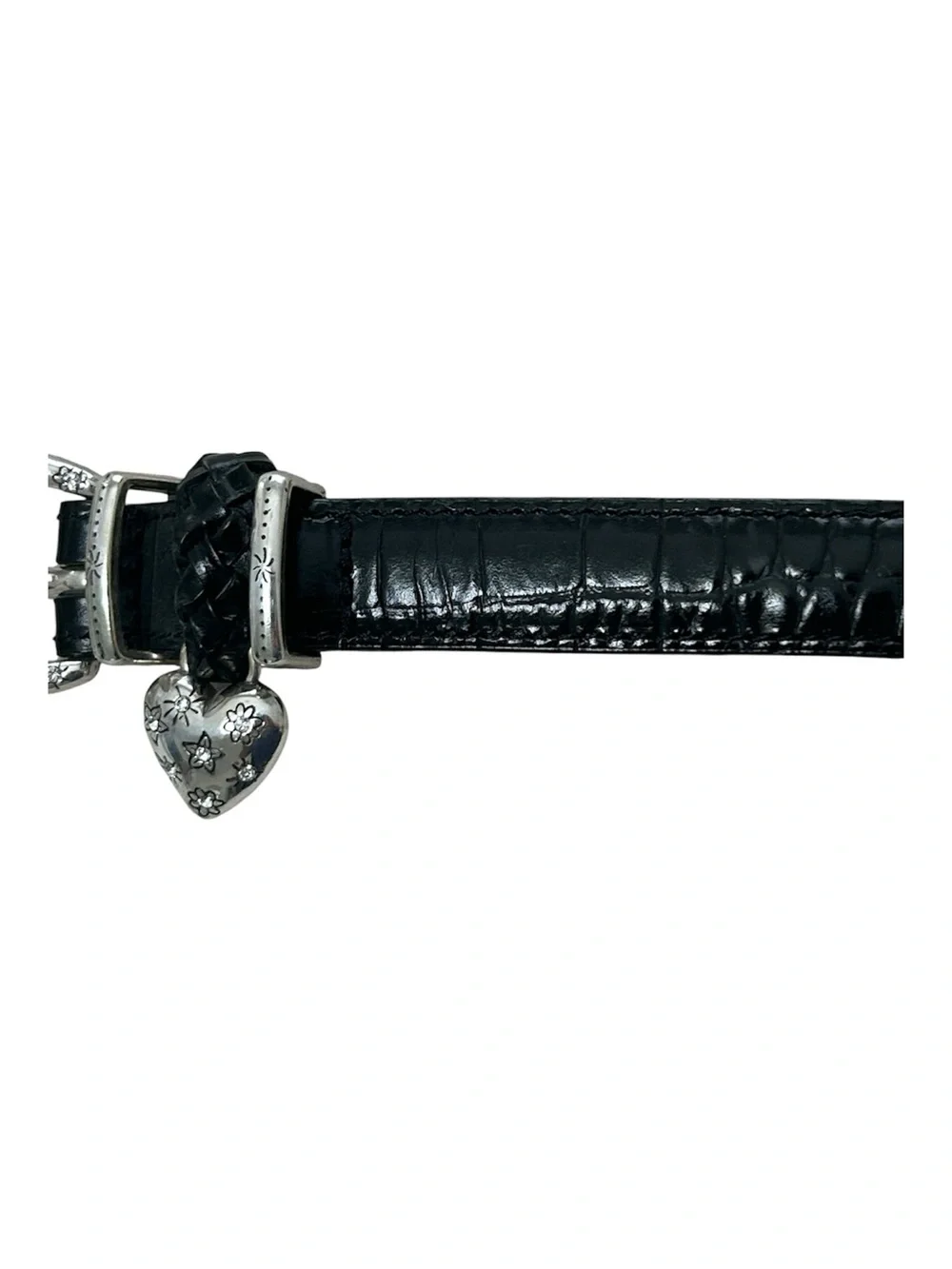 Brighton Black Croc-Embossed Leather Belt with Floral Heart Charm. Size Large 34